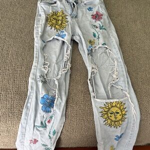 Embroidered Distressed Light Blue Jeans